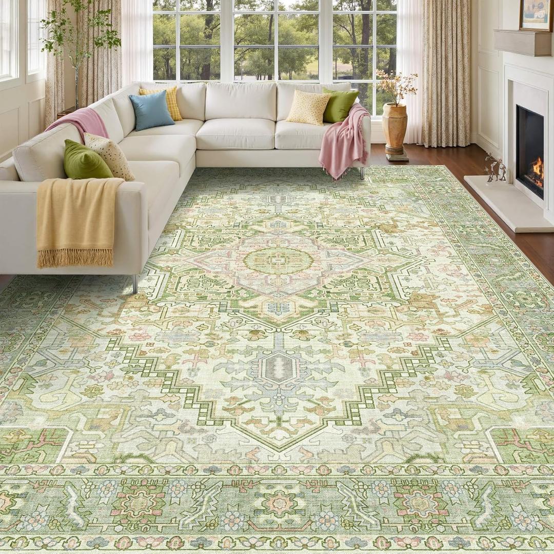 Kokia 8x10 Washable Sage Green Area Rugs with Vintage Orient Design Soft Rug for Living Room or Bedroom Non-Slip Low Pile Stain Resistance Features Distressed Medallion Pattern (12/Celadon/Seafoam/Sage/Blush)
