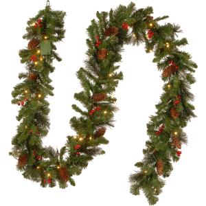 National Tree Company 9 ft Pre-Lit Crestwood Spruce Artificial Christmas Garland, Christmas Decoration with Glitter, Pinecones, Red Berries, 50 Warm White LED Lights, 180 Tips, Timer, Green, Battery-Operated