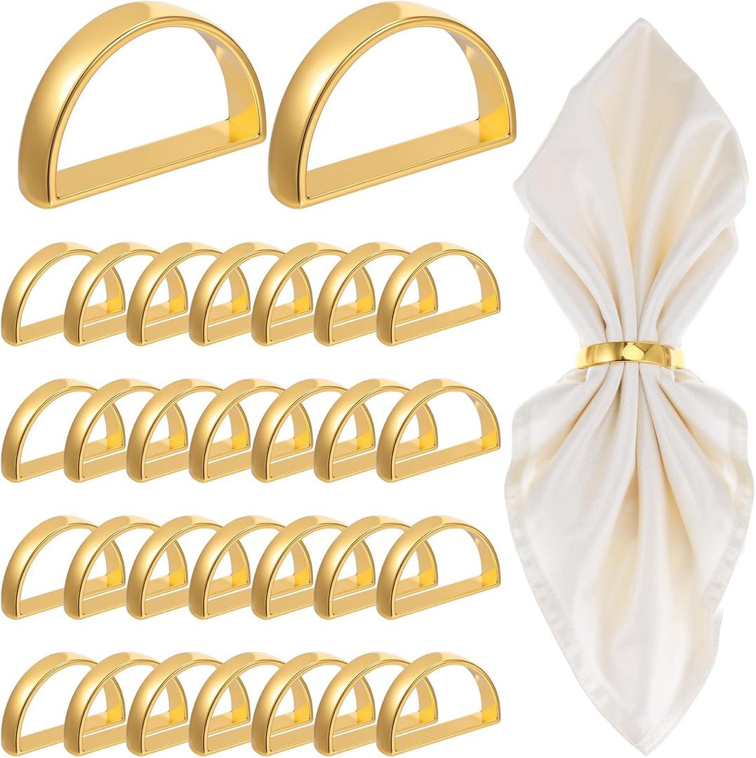 Ptwola 30pcs Gold Napkin Rings, Semicircle Sturdy Metal Napkin Holder Buckles Elegant Spring Fall Thanksgiving Christmas Decor for Family Dinner Easter Table Settings Wedding Birthday Banquet Party