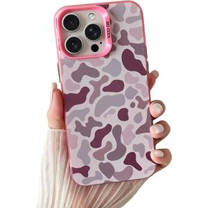 Skyseaco for iPhone 14 Pro Max Case, Cool Camo Pattern Phone Case Vintage Camouflage Shockproof Protective Cover for Women Girls Men Boys Teens, Pink