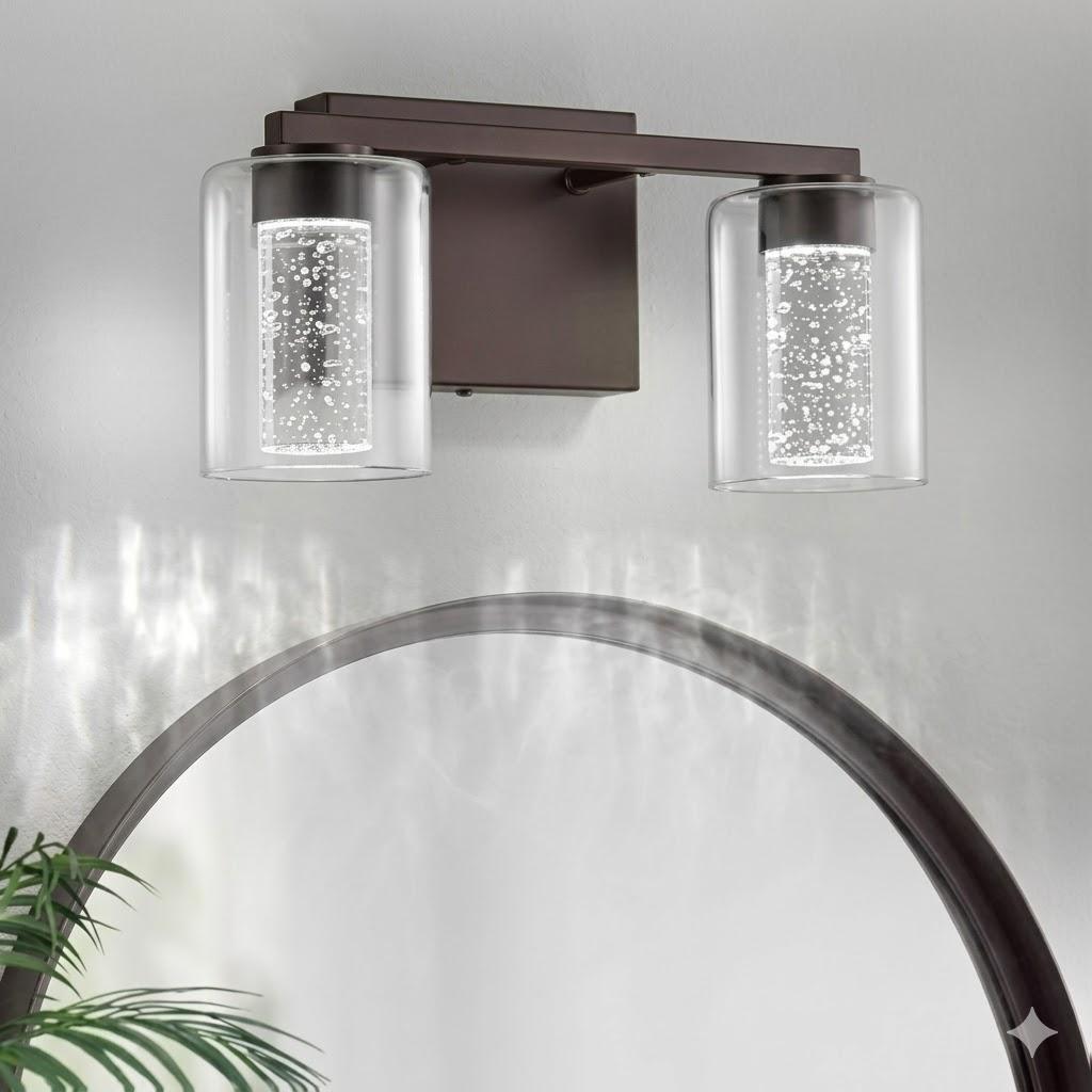 SineRise 2-Light Bronze Vanity Light with 3 Color Modes (3000K/ 4000K/ 6000K), Eye Protection LED Bathroom Light Fixture, Dimmable Modern Wall Light Over Mirror with Clear Glass Shade