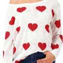Womens Valentine Off Shoulder Shirt Long Sleeve Knitted Shirts Loose Heart Ripped Tops, S