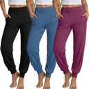 Ficerd 3 Pack Women's Lounge Pants Cozy Yoga Joggers with Pockets High Waisted Workout Lightweight Sweatpants Loose Fit Pants (L)