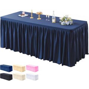 PARTISKY 1 Pack Navy Blue Tablecloths for Rectangle Tables 8ft, Wrinkle Resistant Navy Blue Table Cover Fitted Stretch Table Cloth with Pleated Ruffle Skirts for Party Banquet Dining Birthday Wedding