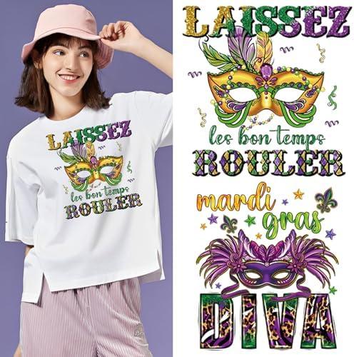 Carnival Iron on Sticker Decal Mardi Gras Patches for Clothing Mask Flower Washable Heat Transfer Decals Vinyl Stickers for Clothes Bag T-Shirt DIY Decor, 2 Pack