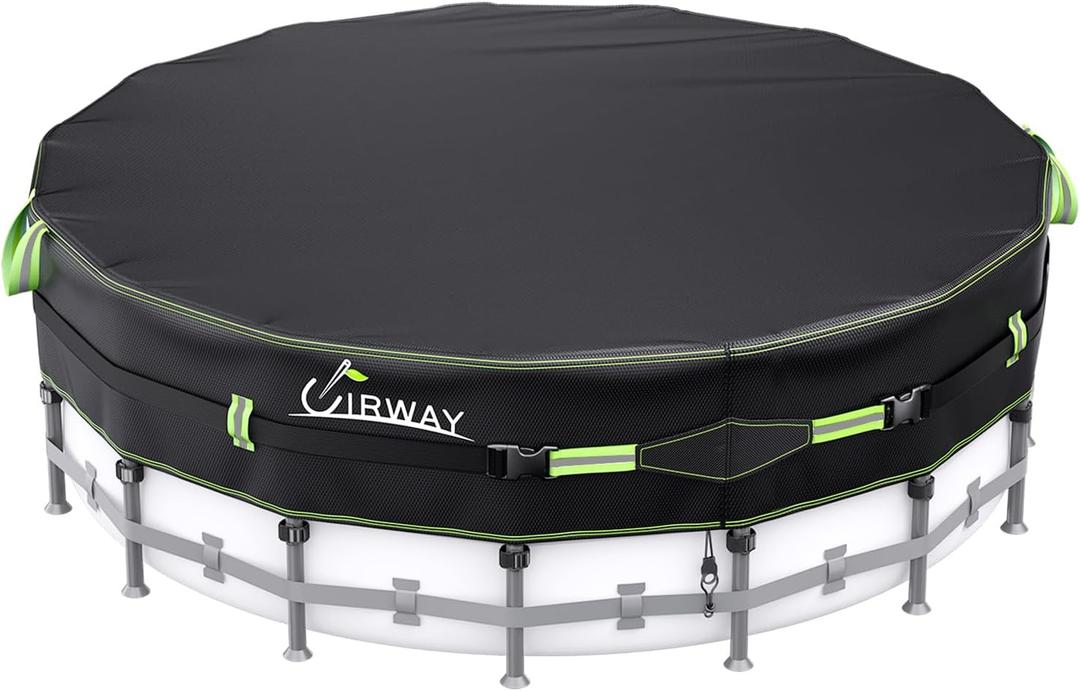 UIRWAY 500D Pool Cover 14FT Round [2026 Upgraded Heavy Duty Fabric] Solar Pool Covers for Above Ground Pools, New Super Windproof Gel-Coated Tarp Straps, Swimming Pool Covers with UV Protection