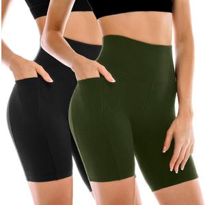 Leafigure 2 Pack Womens Biker Shorts with Pockets, High Waisted Yoga Shorts for Women Running Gym and Workout (Black Green,Small)