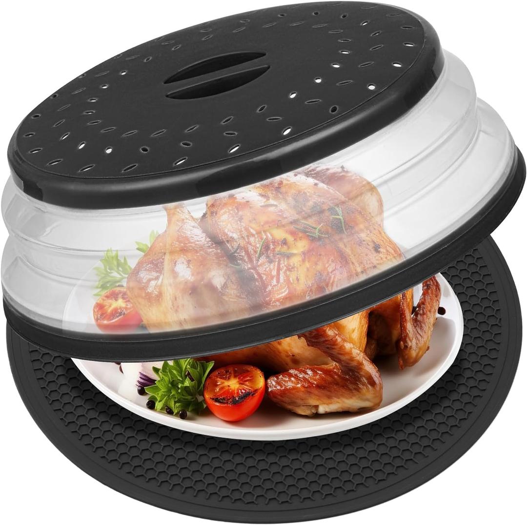 12" Microwave food Cover & Mat,Large Vented Collapsible Splatter Guard dish Plate lid & Silicone Round Kitchen mat