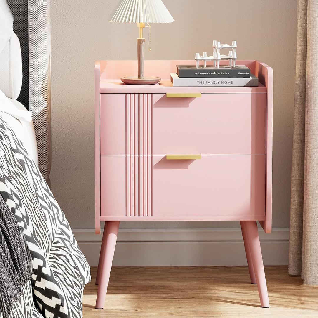 Aenuert Nightstand Modern Bedside Table with 2 Storage Drawer, Small Night Stand, Wooden Sofa Side Table for Bedroom,Study Room and Small Spaces (Pink)