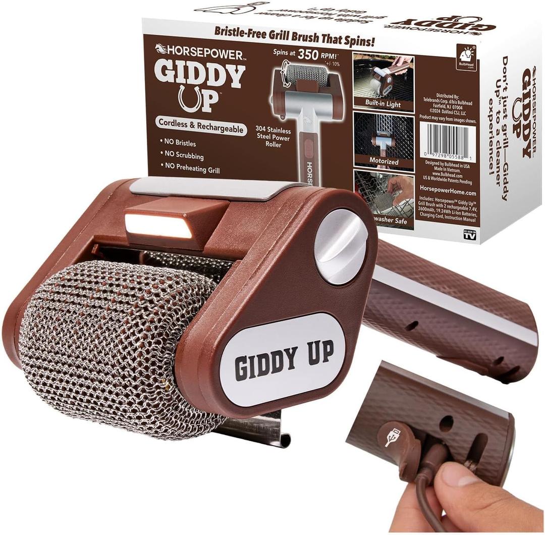 HorsePower Giddy Up Grill Cleaner AS SEEN ON TV! Cordless, Rechargeable BBQ Tool with 350 RPM Stainless Roller, LED Light Patents Pending From BulbHead, a Family-Owned American Brand