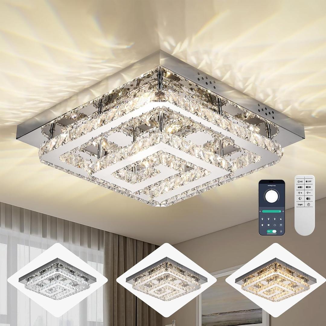 25" Crystal Chandelier with Remote/App Control, 3 Color Temperature Light Fixture & Brightness Adjustable, Modern Flush Mount LED Ceiling Light Fixture for Living Room Kitchen Hallway Dining Room