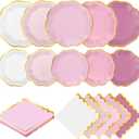 Kochorie 100 Pcs Dusty Pink Paper Plates and Napkins Gold Foil Scalloped Paper Plates & Napkins Disposable Tableware Set for Birthday Wedding Baby Shower Party Decorations