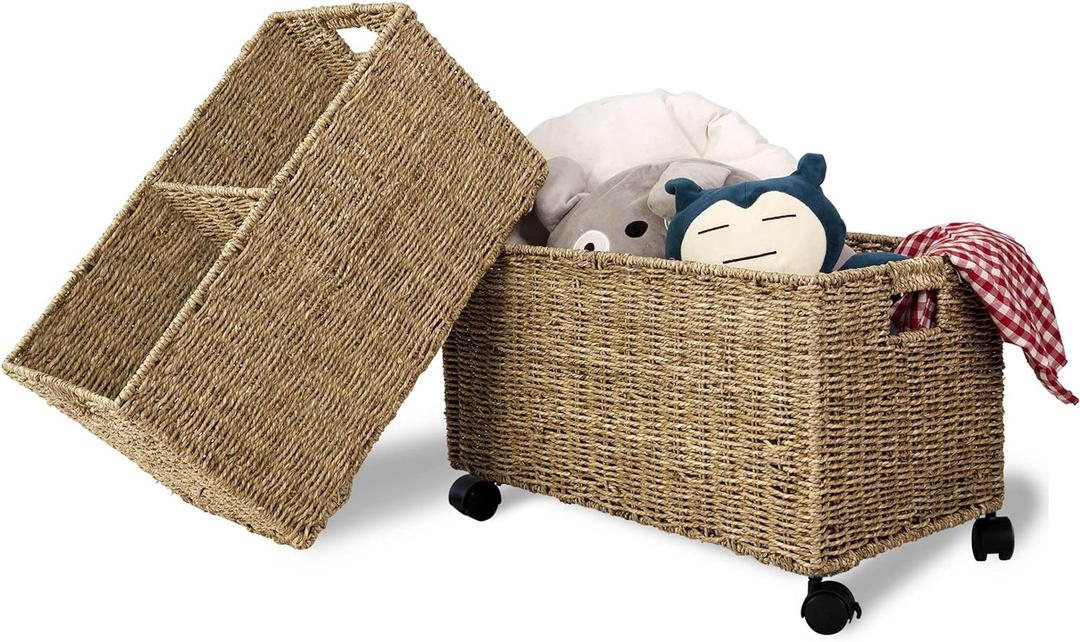 PEMAR Set 2 Nesting Natural Wicker Rolling Storage Baskets on Wheels w Insert Handles, Under Table Under Desk Woven Storage Bins, Mobile File Cabinet Organiser (Seagrass, Sizes M, L Nesting)