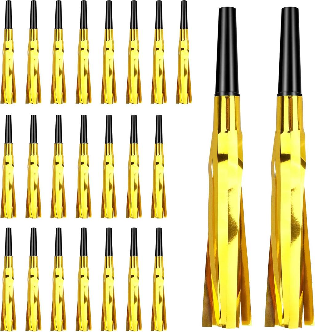 Noise Makers, 24 PCS Gold Noise Makers, Glitter Metallic Fringed Party Blowers Noisemakers Horns for Adults for Birthday Sporting Events Christmas 2025 New Year Eve Party Favor Supplies Decorations
