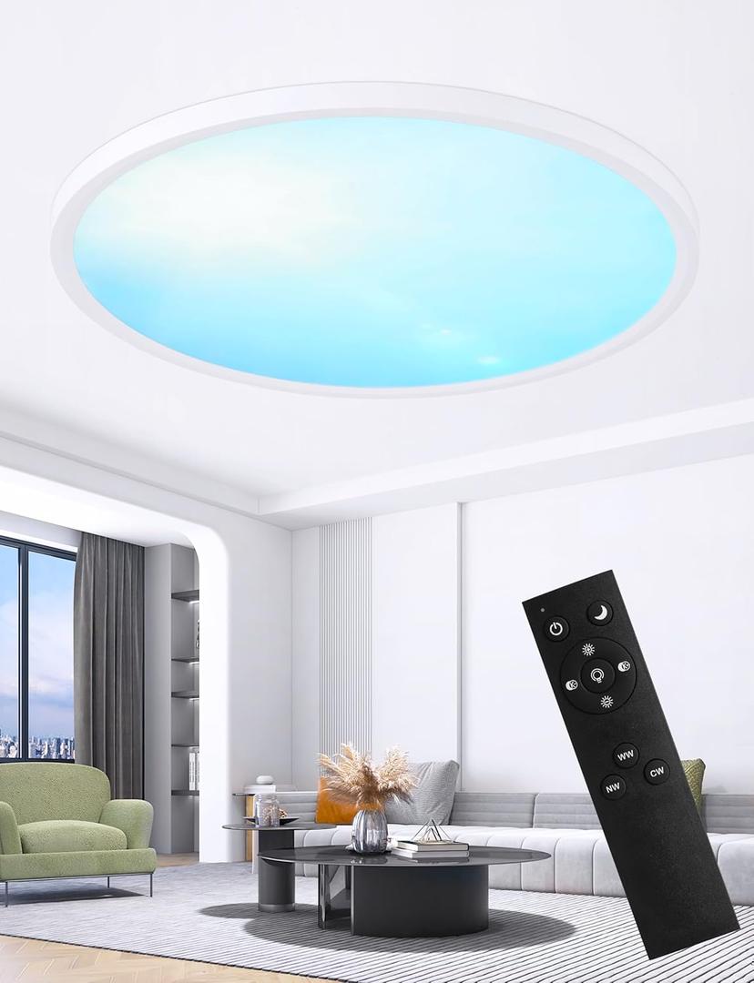20 Inch Flush Mount Ceiling Light with Blue Sky Cover, Dimmable Ceiling Lamp with Remote, 42W LED Lighting Fixtures Sunlight Effect, Modern Slim Design for Classroom Bedroom Living Room, Round White