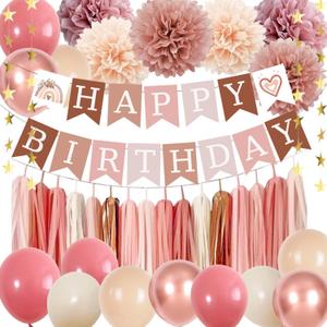 Birthday Decorations for Women, Retro Blush Pink Party Balloons Boho Happy Birthday Banner Paper Pompoms Tassel Garland, Neutral Rustic Birthday Party Dcor Supplies Girls Boys Adults
