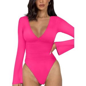 REORIA Women's V Neck Bell Long Sleeve Bodysuits Comfy Double Lined Trendy Body Suits S
