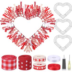 12 Pcs Valentine Heart Wreaths Frame 14" Red DIY Wire Heart Wreath Hanging Ribbon Frame Valentine's Day Decorations for Wedding Birthday Party Door Wall Window Decor