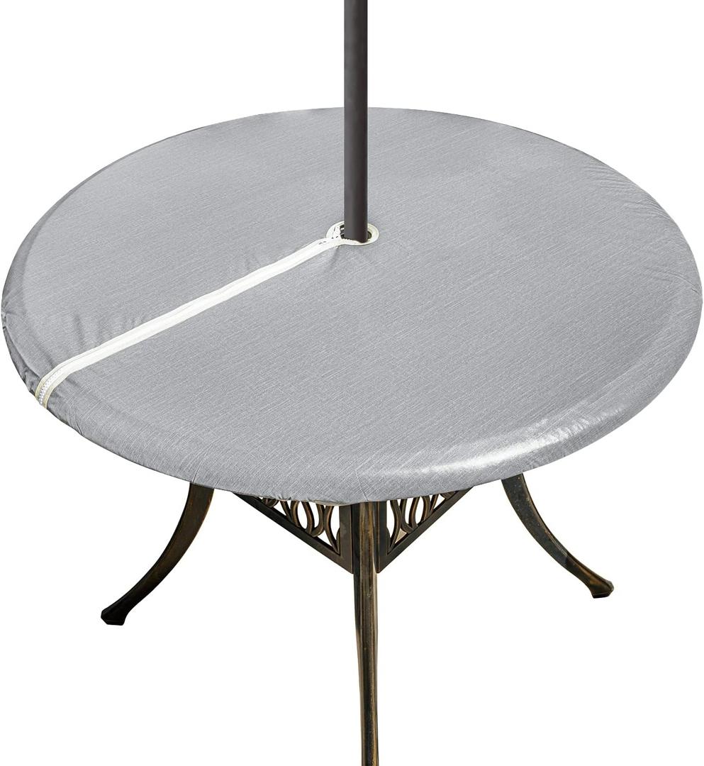 Round Vinyl Tablecloth Outdoor with Zipper and Umbrella Hole, 100% Waterproof Wipe Clean PVC Table Cover for Party, Picnic and Patio,Light Grey, 45" - 56"
