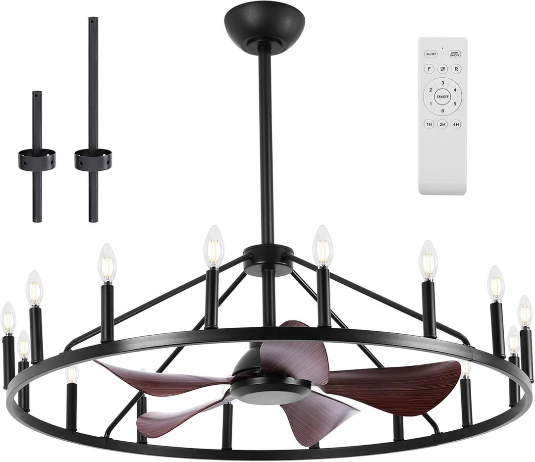 Farmhouse Chandelier Ceiling Fan with Light and Remote, 16-Lights Large Wagon Wheel Fandelier with Candle for Living Room, Rustic Walnut Fan with Light Fixture for Loft