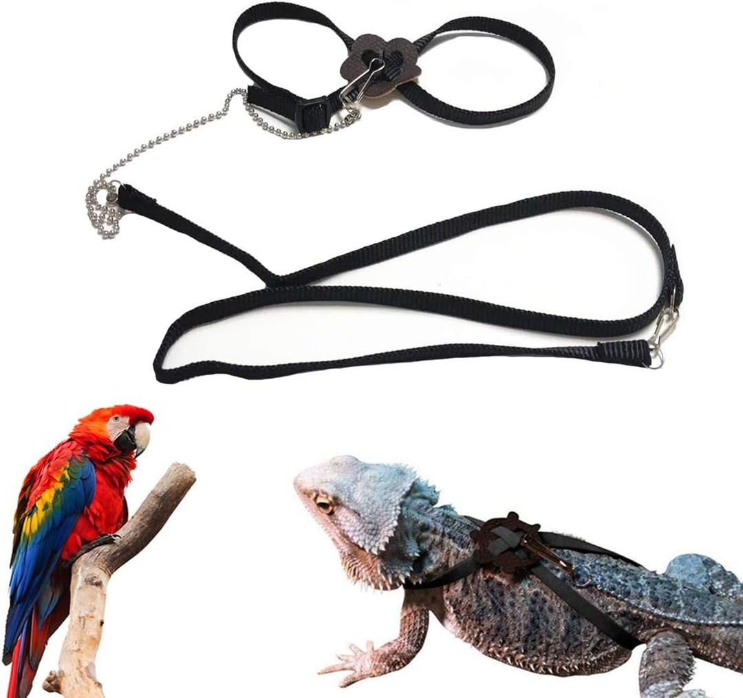 2 x Lizard Leash Bearded Dragon Harness Adjustable Reptile Lizard Harness Leash Parrot Harness Turtle Lizard, Suitable for Gecko Hamster Kitten Small Animal Outdoor Walking,Black