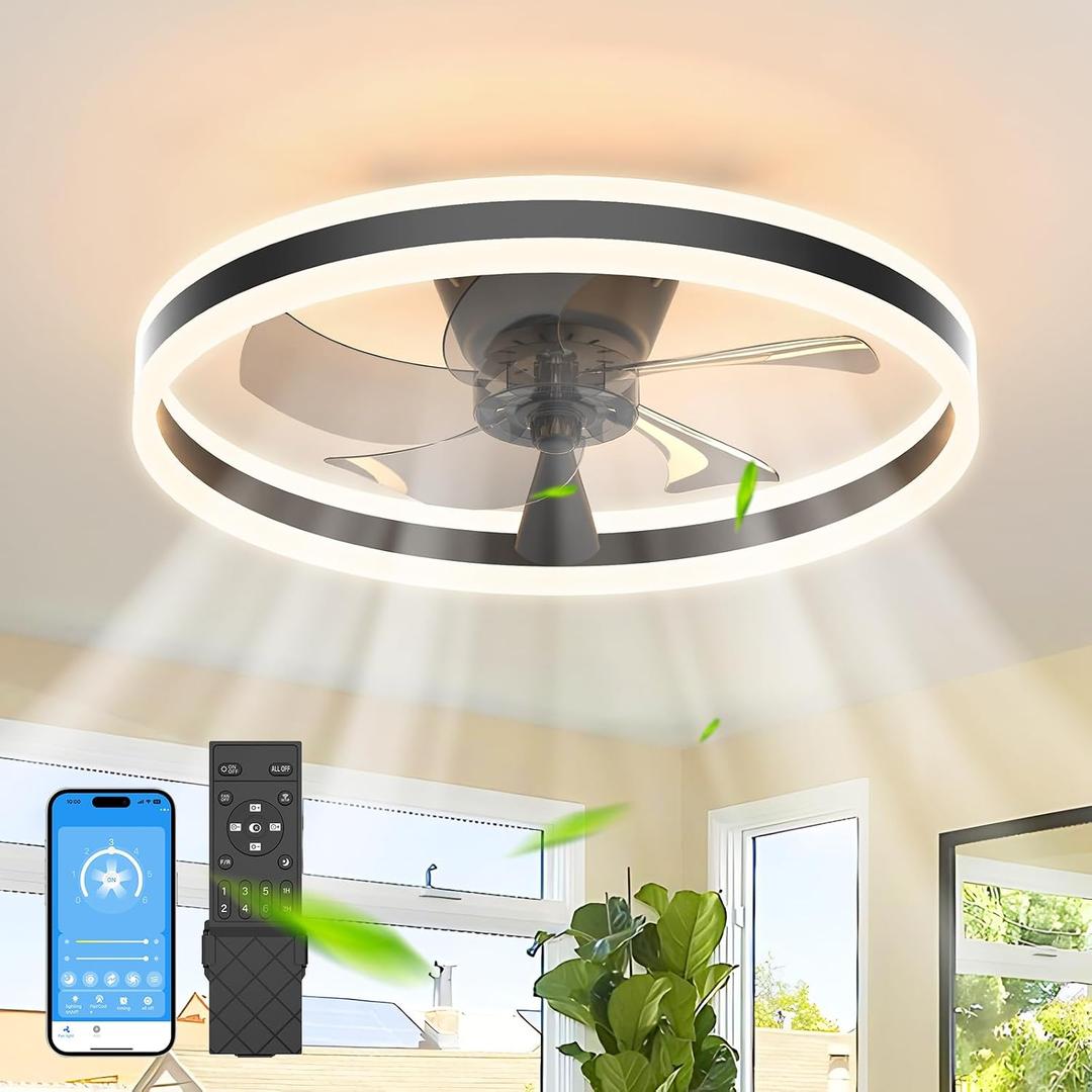JOFIOS Ceiling Fans with Lights,19.7" Flush Mount Ceiling Fan with Light and Remote,Reversible,3 CCT,6 speeds,Dimmable,Noiseless,Low Profile Black Ceiling Fan for Bedroom, Kitchen,Living Room