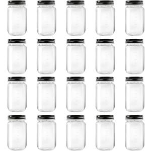 Novelinks 16 Ounce Clear Plastic Jars With Black Lids - Refillable Round Containers for Kitchen & Household Storage - BPA Free (20 Pack)