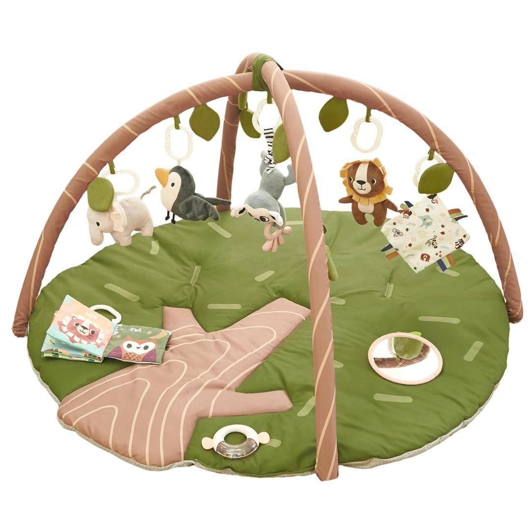 Baby Play Gym and Activity Mat for Newborn 0-6-12 Months | Extra Large Tummy Time Mat with 8 Removable Sensory Toys | Infant Play Mat for Boys & Girls | Jungle Safari Nursery Decor 35" x 37"