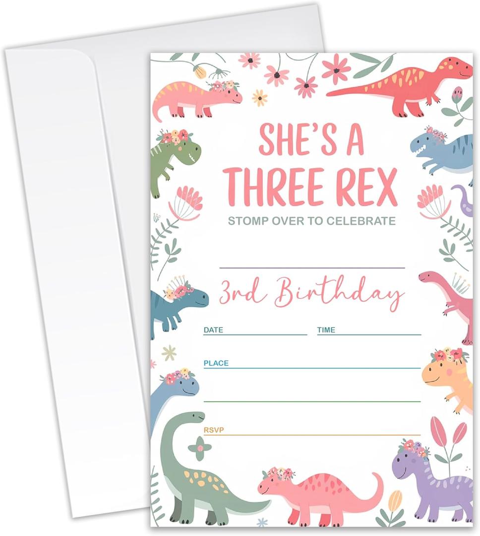 She's A Three Rex - Dinosaur Themed 3rd Birthday Party Invitations for Boys, Girls, Kids - 20 Invitation Cards 4"x6" with 20 Envelopes - Dinosaur 3rd Birthday Party Invites.(159)