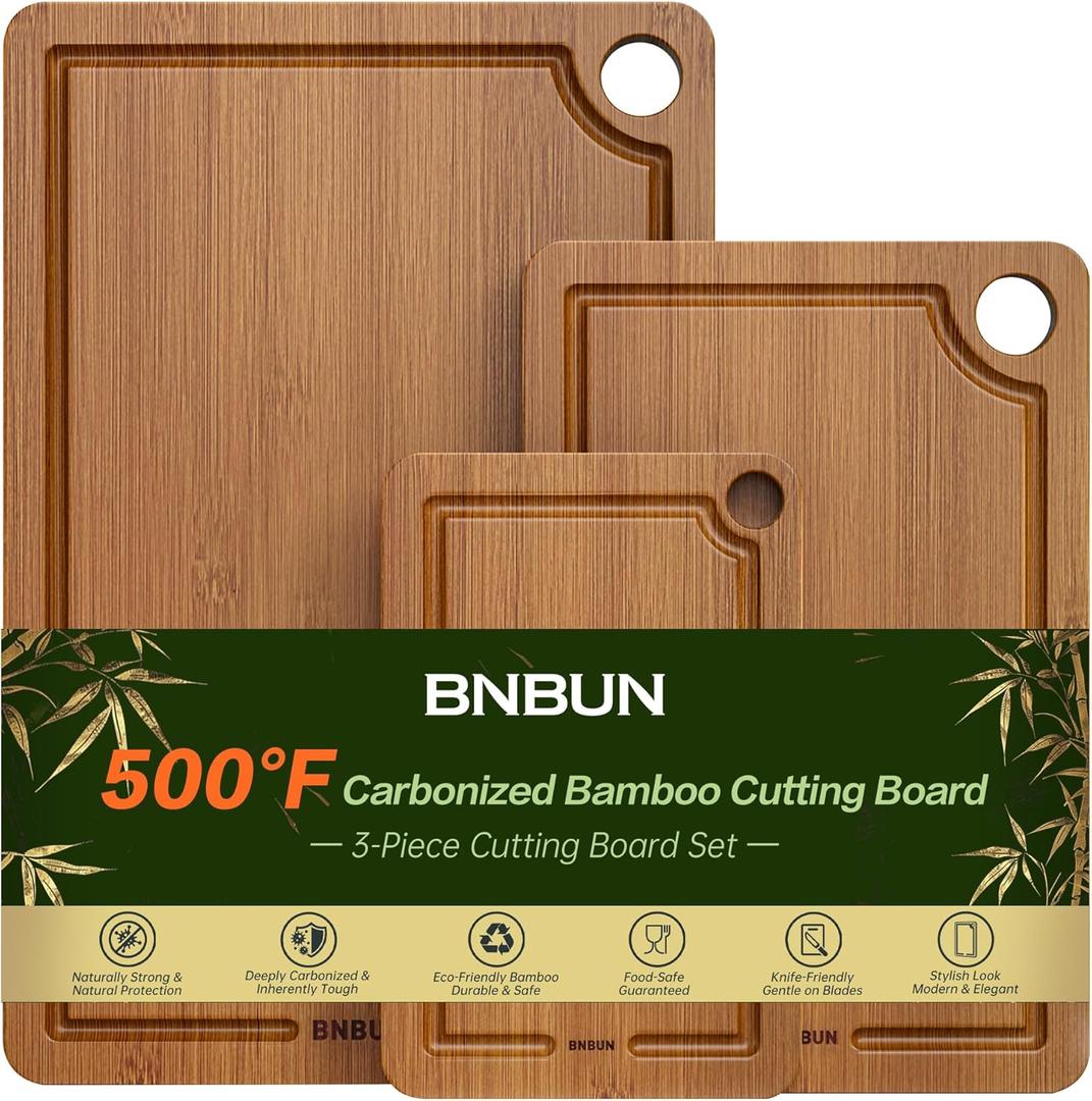 Bamboo Cutting Board for Kitchen, Wooden Cutting Board 3-Piece Set with Non-Slip Mat Deep Juice Groove and Built-In Handles, Wood Cutting Board for Meat Vegetables Fruit Ideal Gift for the Home (Carbonized brown)