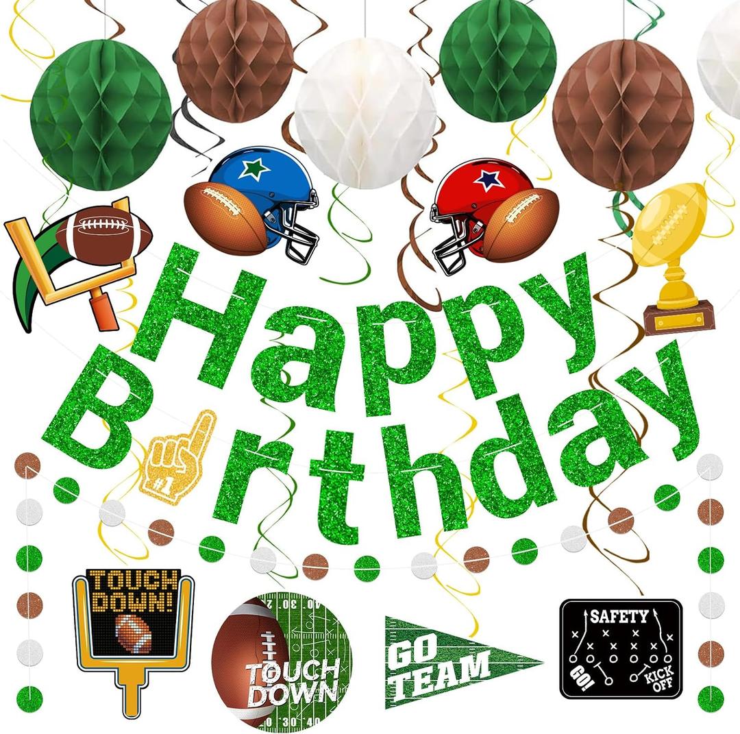 Football Happy Birthday Banner | Pre-strung Football Theme Party Banner, Hanging Swirl Touch Down Honeycomb Balls | Birthday Party Supplies Touchdown Banner Decor