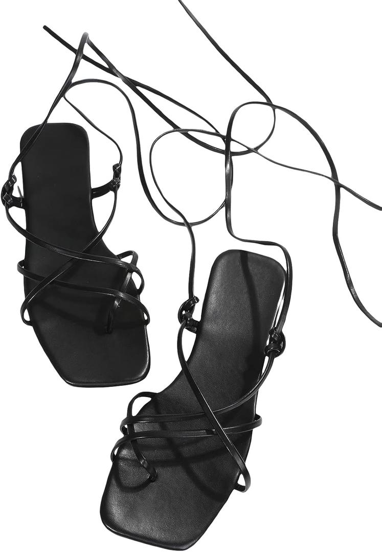 GORGLITTER Women's Summer Strappy Beach Sandals Dressy Leather Lace Up Thong Gladiator Cute Vacation Sandals Shoes 2026 Black 8.5