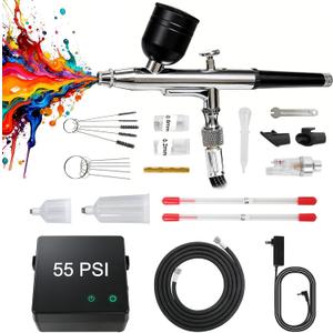 Haoguo Airbrush Kit with Air Compressor, 55 PSI Dual-Action Portable Airbrush, 0.2/0.3/0.5mm Nozzles, 3-Level Airflow Adjustment (14–20 L/min), for Model Painting, Nail Art, DIY Crafts