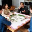 32.4in Scalloped Mahjong MatAnti Slip Noise Reduction Mahjong Accessoriemahjong Table MatMajiong Mat For TravelComes With 4 Dice And 1 Mahjong Mat Storage Bag,4 Mahjong Shuffle Cards (Pink)