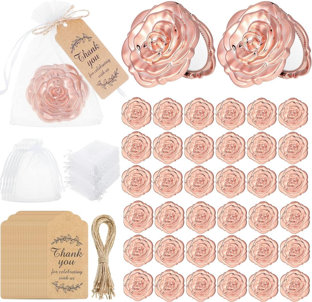Woanger 36 Set Rose Compact Mirrors Bulk for Quinceanera, Sweet 16, Wedding Party Favors, Bridesmaid Gifts, Thank You Tags, White Organza Bags for Bridal Shower Bachelorette and Guest Gifts(Rose Gold)