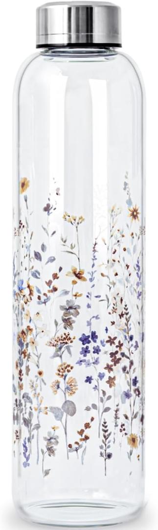 Clear Water Bottle 32 oz BPA Free Glass Drinking Bottle for Juice with Stainless Steel Lid and Neoprene Sleeve (32 ounce, Flourishing Flowers) (33.8 Ounces)