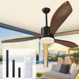 Wood Ceiling Fans with Lights: 52 Inch Outdoor Ceiling Fan with and Lights Remote Noiseless DC Motor 6 Speeds Timing 3 Downrods Reversible Modern Ceiling Fan for Outdoor Patio Indoor Bedroom-Walnut