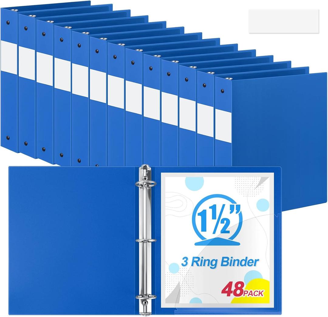 Henoyso 48 Pcs Blue 1.5 Inch 3 Ring Plastic Binder Bulk, 1 1/2 Inch Soft Flexible Binders Three Round Rings Fit 8.5x11 Papers for School Office Home File Organization Supplies