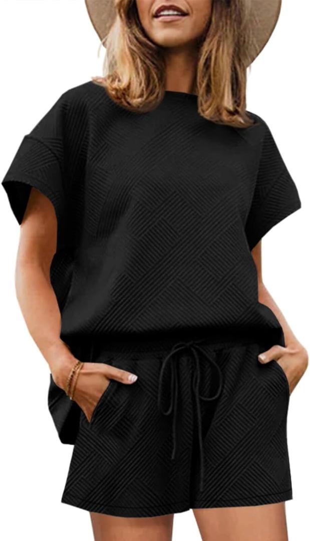 UNCLECAT Womens 2 Piece Lounge Sets Short Sleeve Tops and Shorts Travel Outfits Pajama Set with Pockets (Black, S)