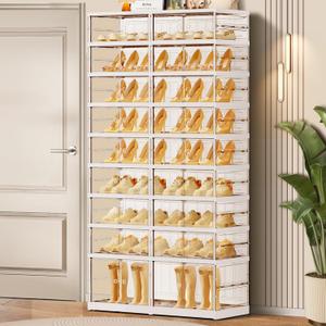 9-Tier Foldable Shoe Rack for Closet Entryway 18-36Pairs,Stackable Clear Shoe Storage Boxes Organizer With Door Plastic Shoe Cabinet Bins with Lids Shoes Shelf Easy Assembly Large White