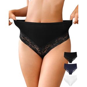 OLIKEME Womens High Waisted Underwear Cotton Bikini Panties Sexy Lace Hispter No Show Soft Stretch Cheeky Panties 3 Pack, XL