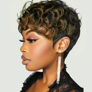 Short Curly Pixie Cut Wigs for Black Women Black Ombre Brown 6inch Short Pixie Wigs for Black Women With Bangs (Black and Brown)
