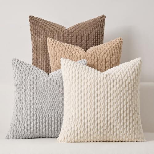 Kevin Textile 4 Packs Neutral Decorative Throw Pillow Covers 18x18 Inch for Living Room Couch Bed Sofa, Rustic Farmhouse Boho Home Decor, Soft Plush Striped Corduroy Square Cushion Case 45x45 cm