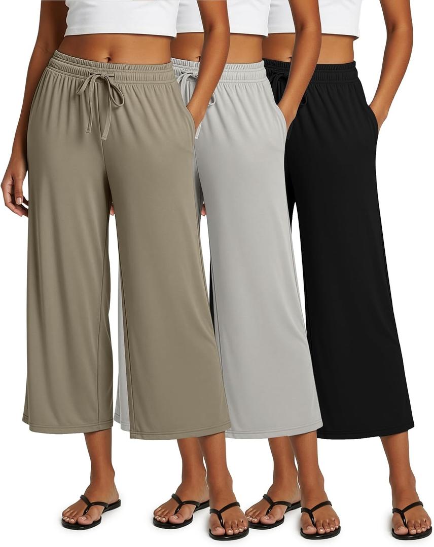 Real Essentials 3 Pack: Women's Ultra-Soft Wide Leg Loose Capri Open Bottom Pants - Yoga Lounge Pockets (Gray), Large