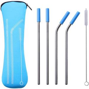 Reusable Metal Drinking Straws, 304 Stainless Steel Straws with Cleaning Brush, Bent and Straight Drinking Straw Set, Eco-Friendly Reusable Straws for Smoothies & Drinks(Blue)