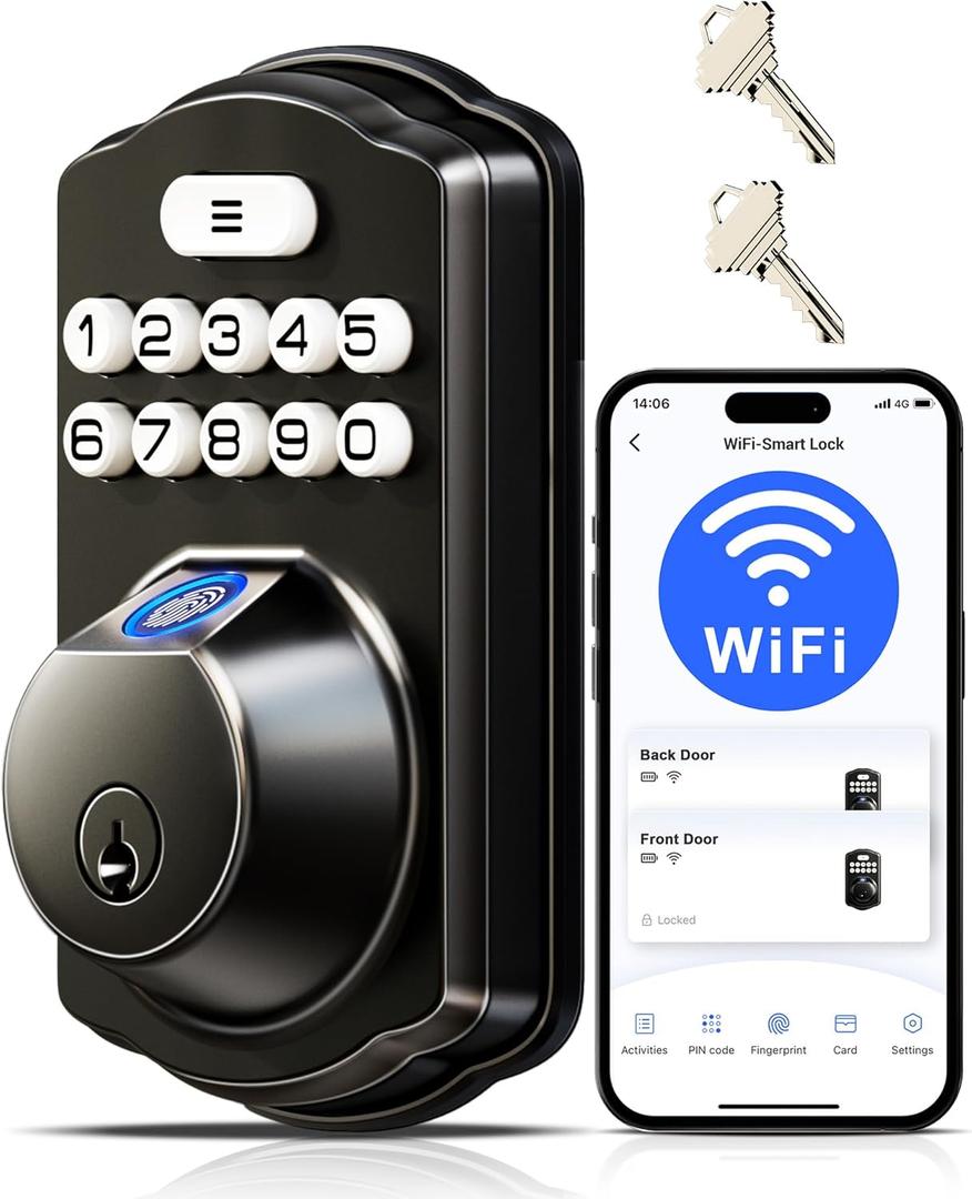 Veise VE012W Built-in WiFi Fingerprint Smart Lock, App Remote Control, No Hub Needed, Keyless Entry, Front Door Smart Deadbolt, Digital Keypad, Auto Lock, IP55 Waterproof, BHMA Grade 3, Matte Black