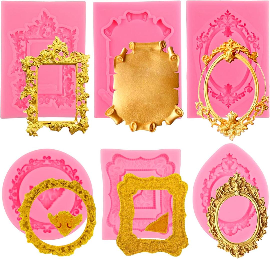 Frame Molds For Chocolate, 6 Piece Silicone Picture Frame Mold, Vintage Photo Fondant Molds for Cake Decorating/Silicone Fondant Mold for making cake, pizza, bread, mousse, jelly, chocolate, pudding