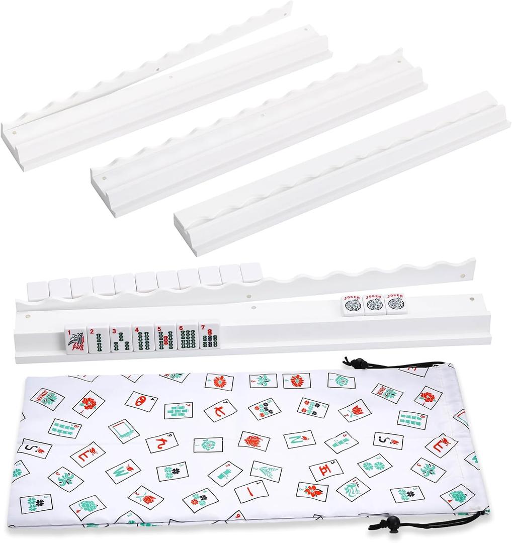 Mahjong Racks with Pushers, White Wooden American Mahjong Tile Pushers and Racks Set of 4, Mahjong Accessories (19.68 Inches), 19.68" L x 2.55" W x 1.06" H
