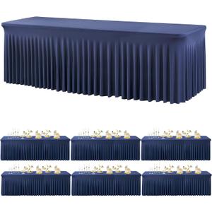 6 Pack Spandex Navy Blue Tablecloths for 8 Foot Rectangle Tables, Wrinkle Free Fitted Table Cloths 8ft Stretchy Table Cover Skirt for Parties Weddings Birthday Banquet Baby Shower