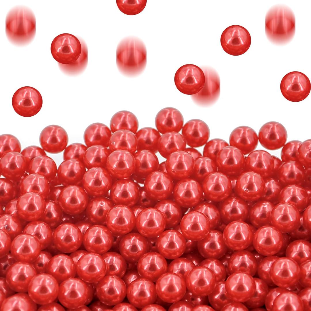 14mm 210Pcs Red Glossy Pearl Beads Vase Filler for Centerpiece, Imitation No Hole Pearls for Crafting, Bulk Faux Beads for Party Home Decor